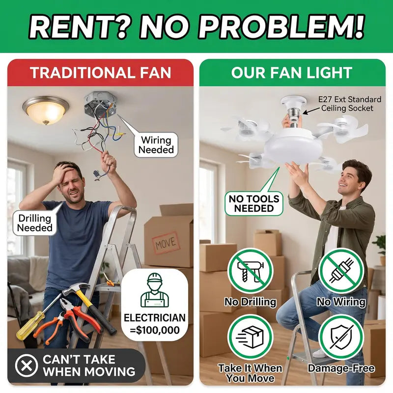 AirNest Socket Fan Light — 4-Head Ceiling Fan with LED | No Wiring, Screws Into Any Socket